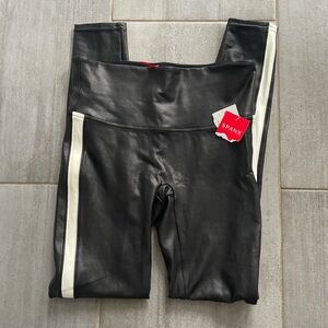 SPANX Black Faux Leather Leggings with White Side Stripes